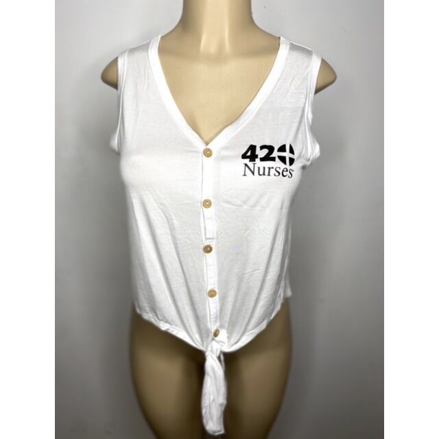 White Sleeveless button up with tie down 