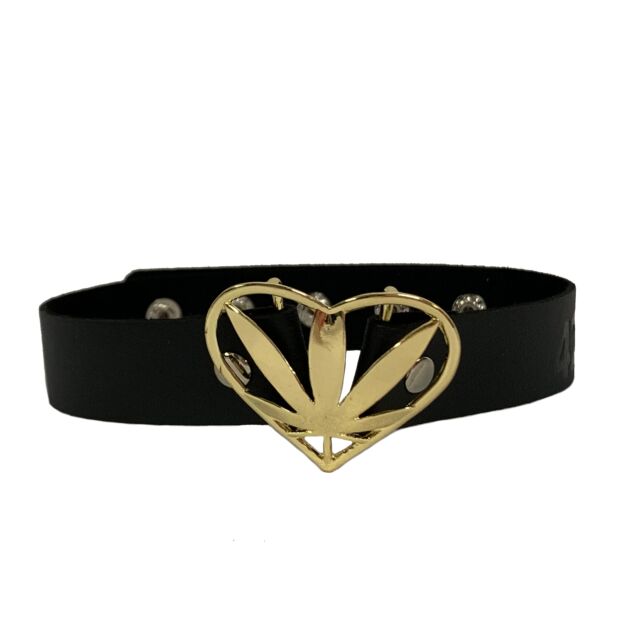 Black - Gold Potleaf - 420 Heart Choker Collar