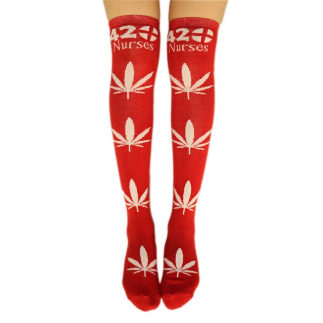 Thigh High Woven Pot leaf Socks in Red