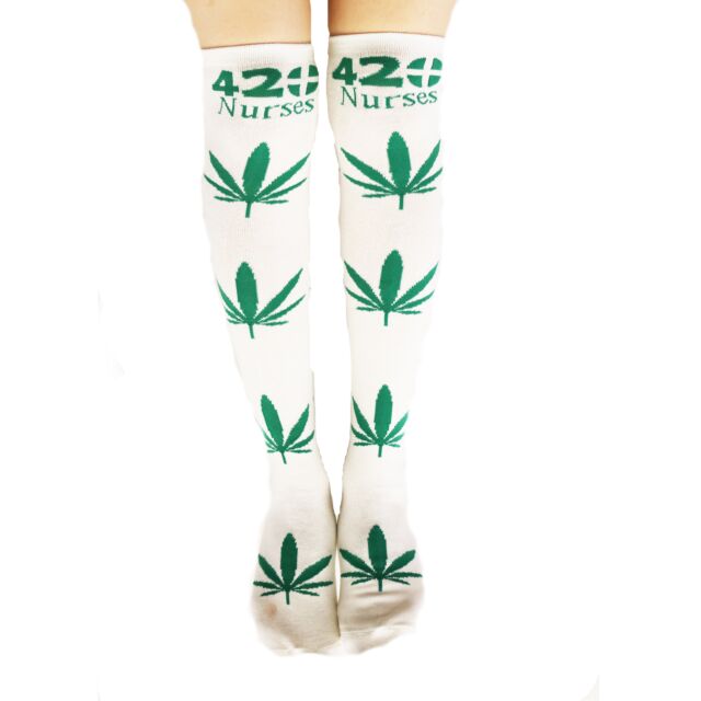 Thigh High Woven Pot leaf Socks in White
